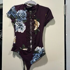 Maroon floral one piece leotard
